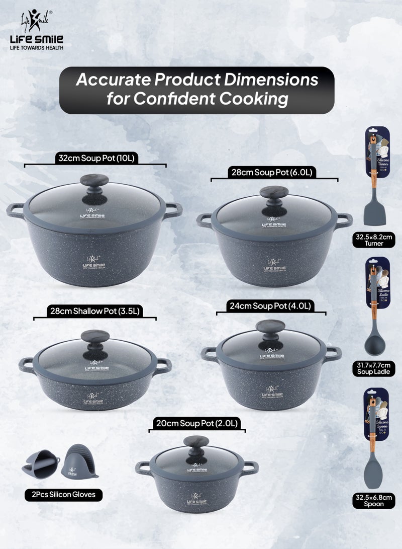Life Smile Multi Layer Granite Non-Stick Cookware Set with Induction Bottom – 20/24/28/32cm Aluminium Soup Pots with Lid,28cm Shallow Pot with Lid,3pcs Silicone Utensils & 2pcs Silicon Gloves – Oven Safe - Image 3